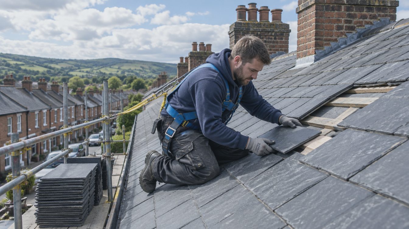 Illustrative photo of a roofer fitting tiles on a roof